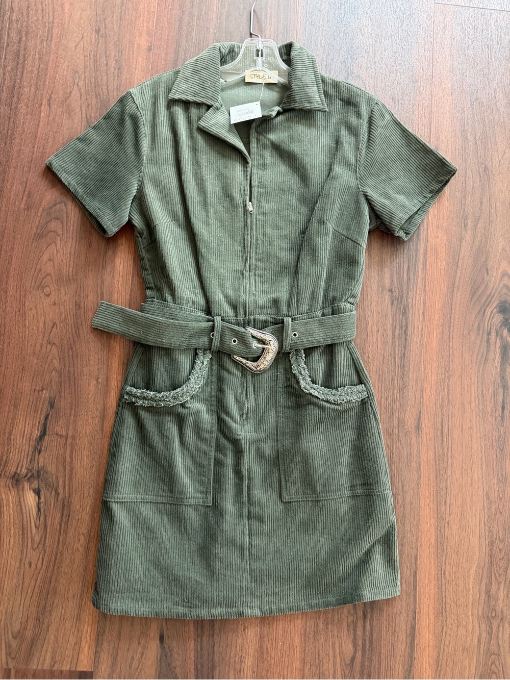 Corduroy Belted Mini Dress in Olive Green